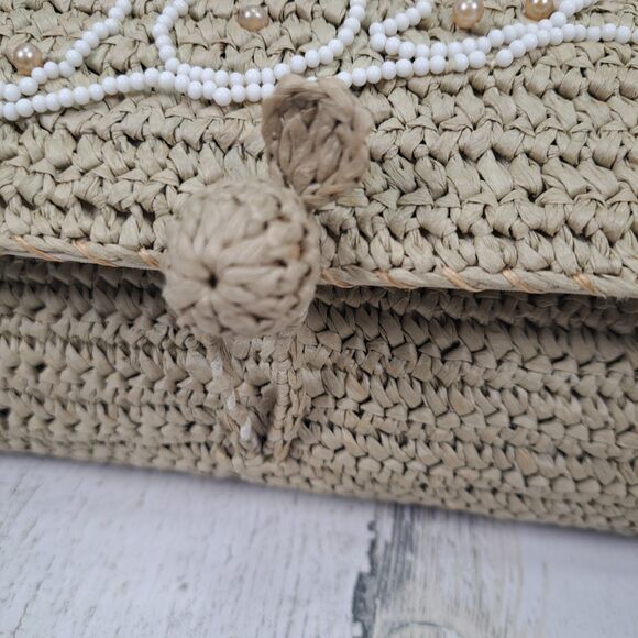 VTG Handbag Woven Raffia Straw Purse Wood Handle Sea Shells Boho Beach Cruise - Picture 5 of 14